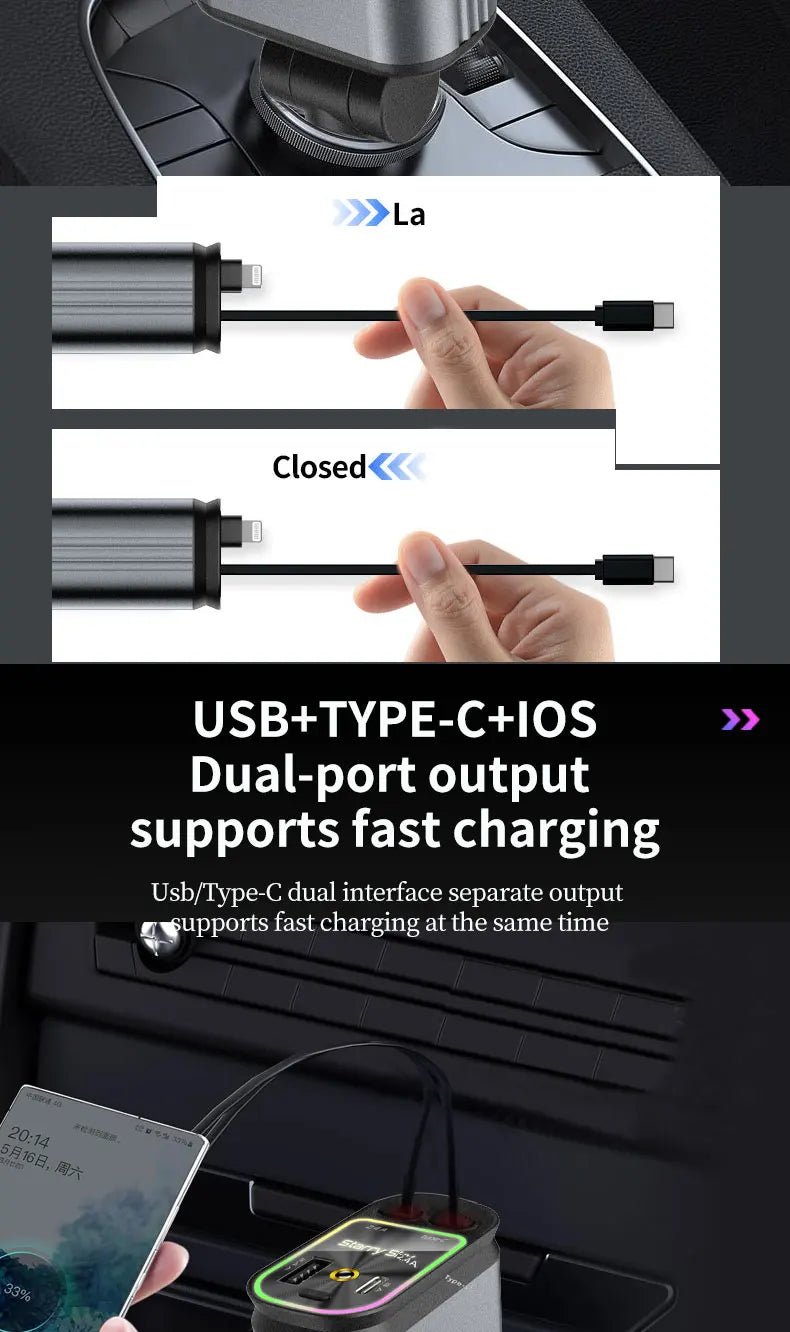 4 in 1 Car Charger with Retractable Cable Atmosphere Lamp Star Top Light 120W Adapter Car Phone Charger USB Type-C Ports 12-24V