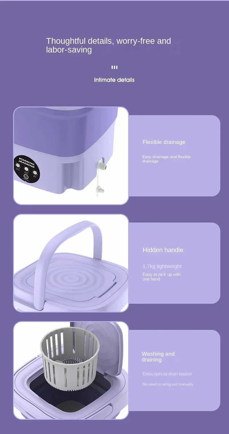 Portable Washing Machine 8L Small Foldable with Spin Dryer for Socks Underwear Panties Mini Washer Household Laundry