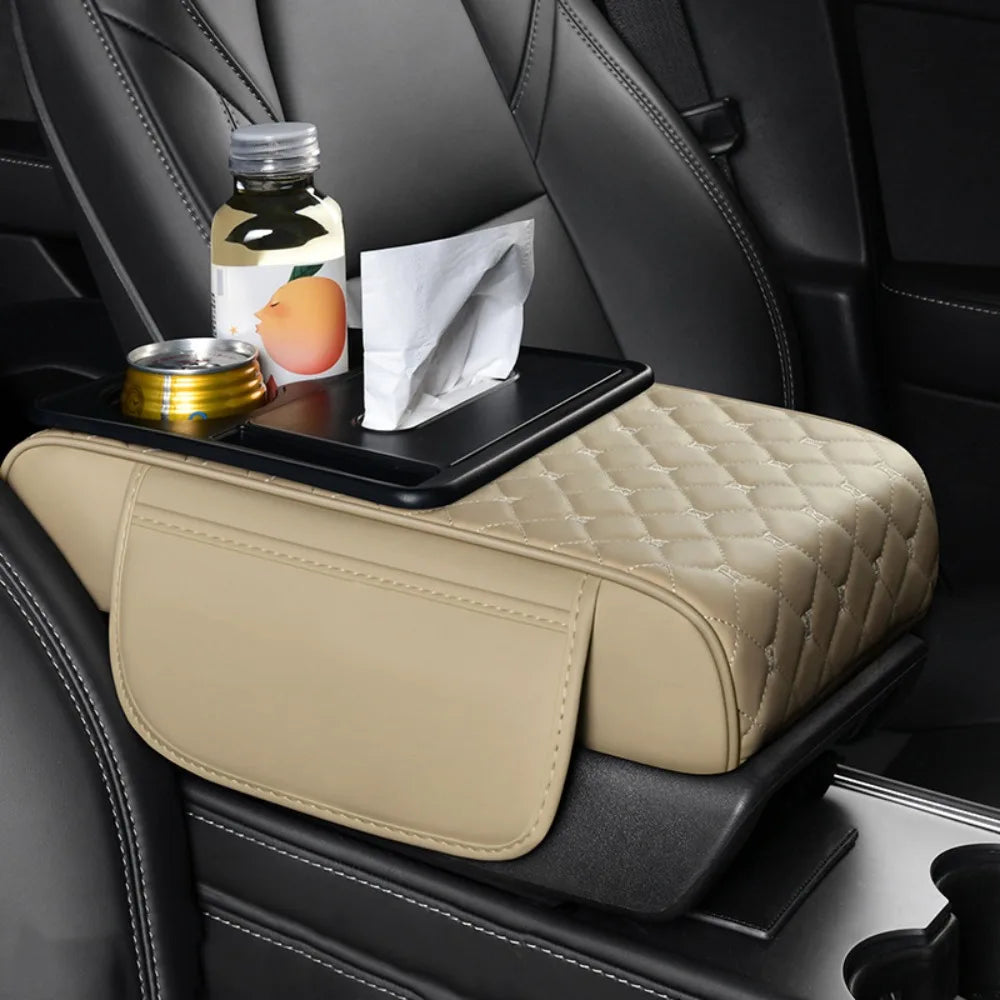 Portable Center Console Armrest Cushion PU Leather Multifunctional Armrest Pad Height Increasing with Cup Holder Tissue Box