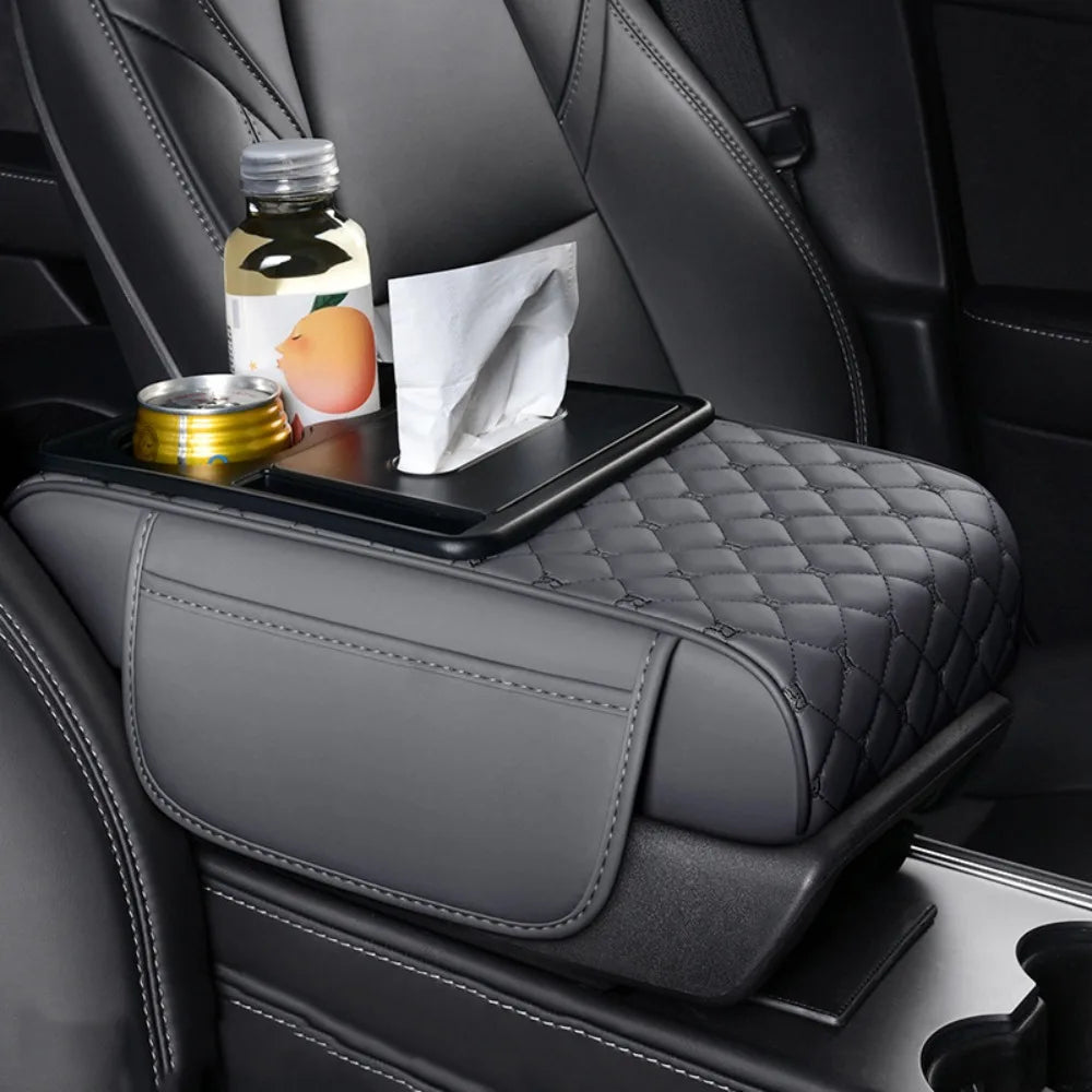 Portable Center Console Armrest Cushion PU Leather Multifunctional Armrest Pad Height Increasing with Cup Holder Tissue Box