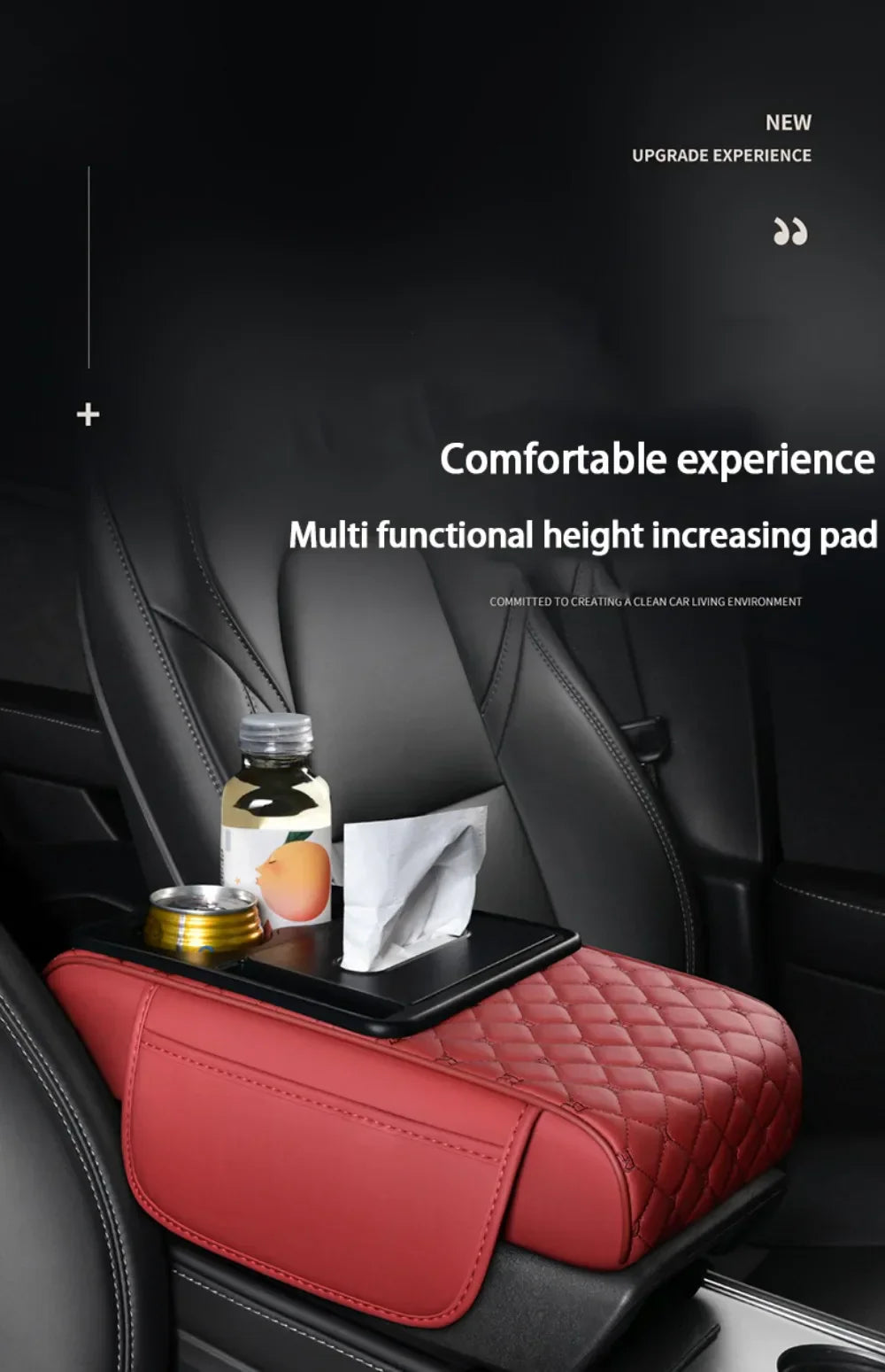 Portable Center Console Armrest Cushion PU Leather Multifunctional Armrest Pad Height Increasing with Cup Holder Tissue Box
