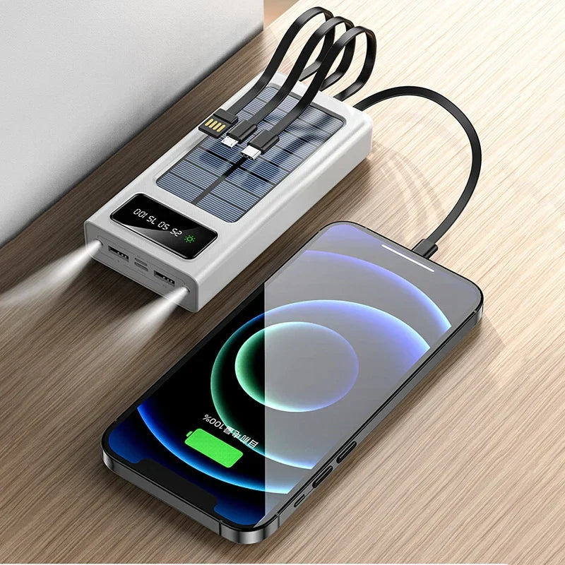 20000/30000mAh  Solar Power Bank LED Light   Large Capacity Fast Charging Battery With 4-Cables Outdoor Power Bank