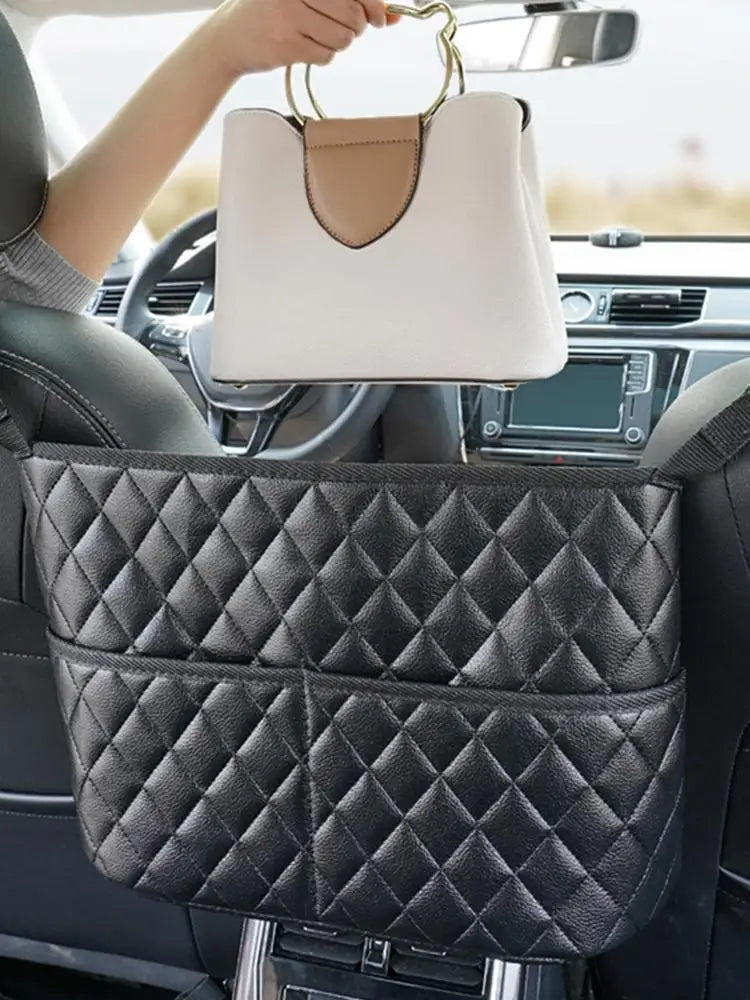 Car Seat Middle Storage Bag PU Leather Large Capacity Leather Bag Seat Back Storage Bag Water Cup Pockets Stowing Tidying