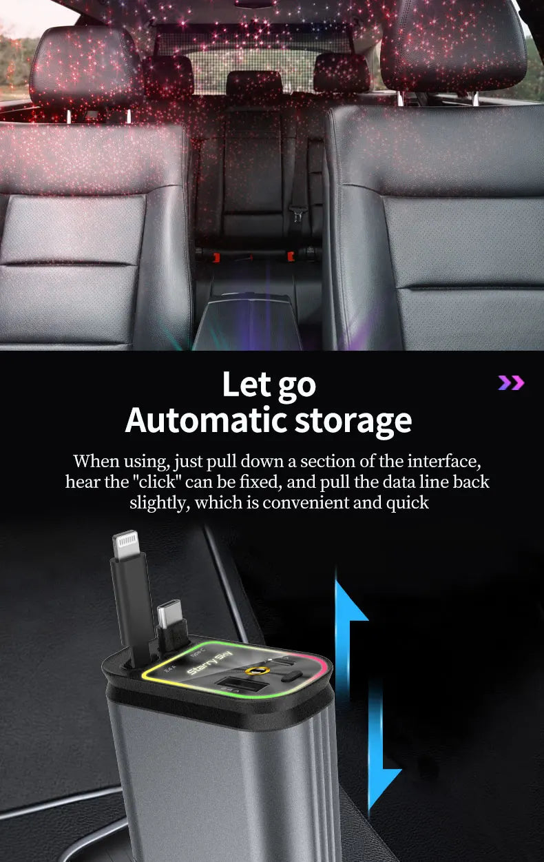 4 in 1 Car Charger with Retractable Cable Atmosphere Lamp Star Top Light 120W Adapter Car Phone Charger USB Type-C Ports 12-24V