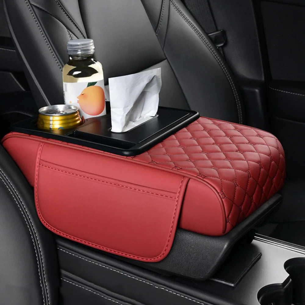 Portable Center Console Armrest Cushion PU Leather Multifunctional Armrest Pad Height Increasing with Cup Holder Tissue Box
