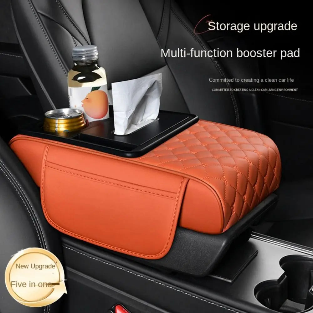 Portable Center Console Armrest Cushion PU Leather Multifunctional Armrest Pad Height Increasing with Cup Holder Tissue Box